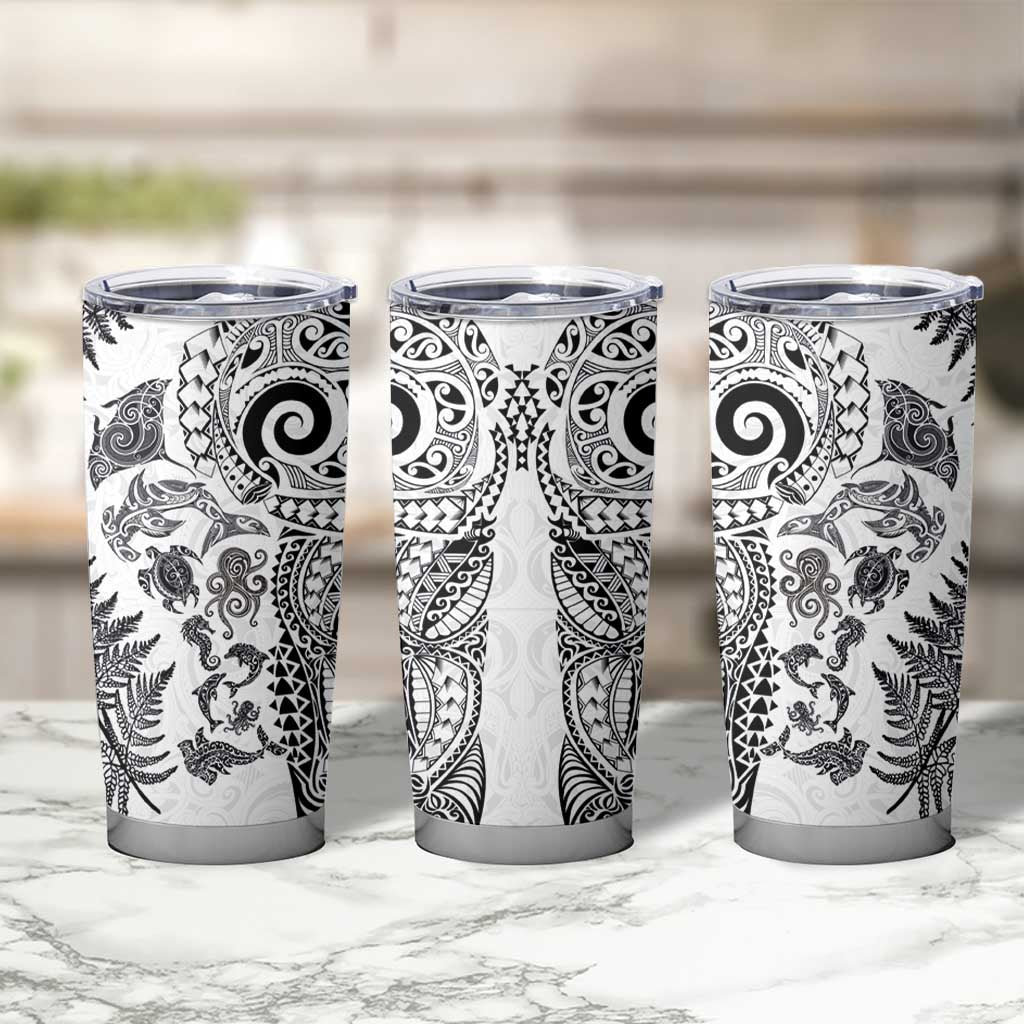 New Zealand Sea Animals Tumbler Cup with Maori Koru Tribal Tattoo and Silver Ferns White Color LT03 - Polynesian Pride