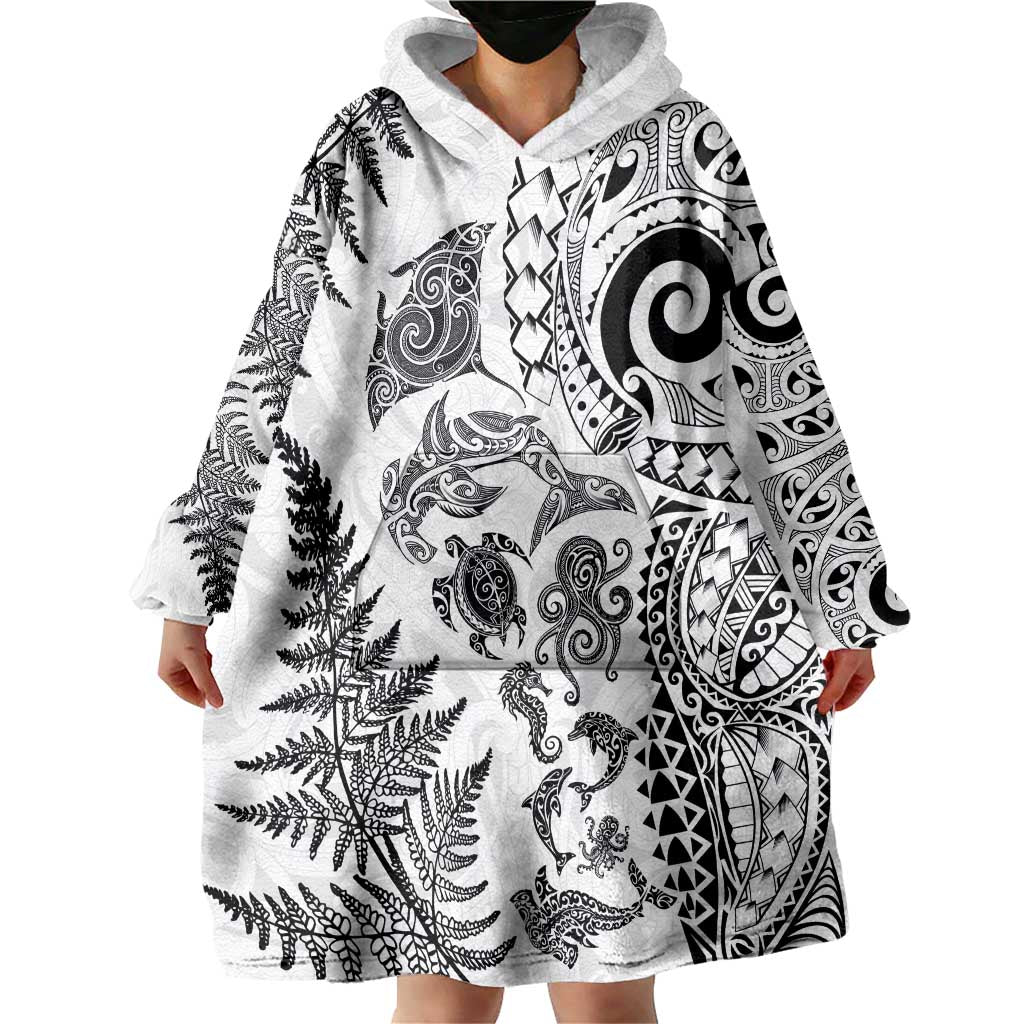 New Zealand Sea Animals Wearable Blanket Hoodie with Maori Koru Tribal Tattoo and Silver Ferns White Color LT03 - Polynesian Pride