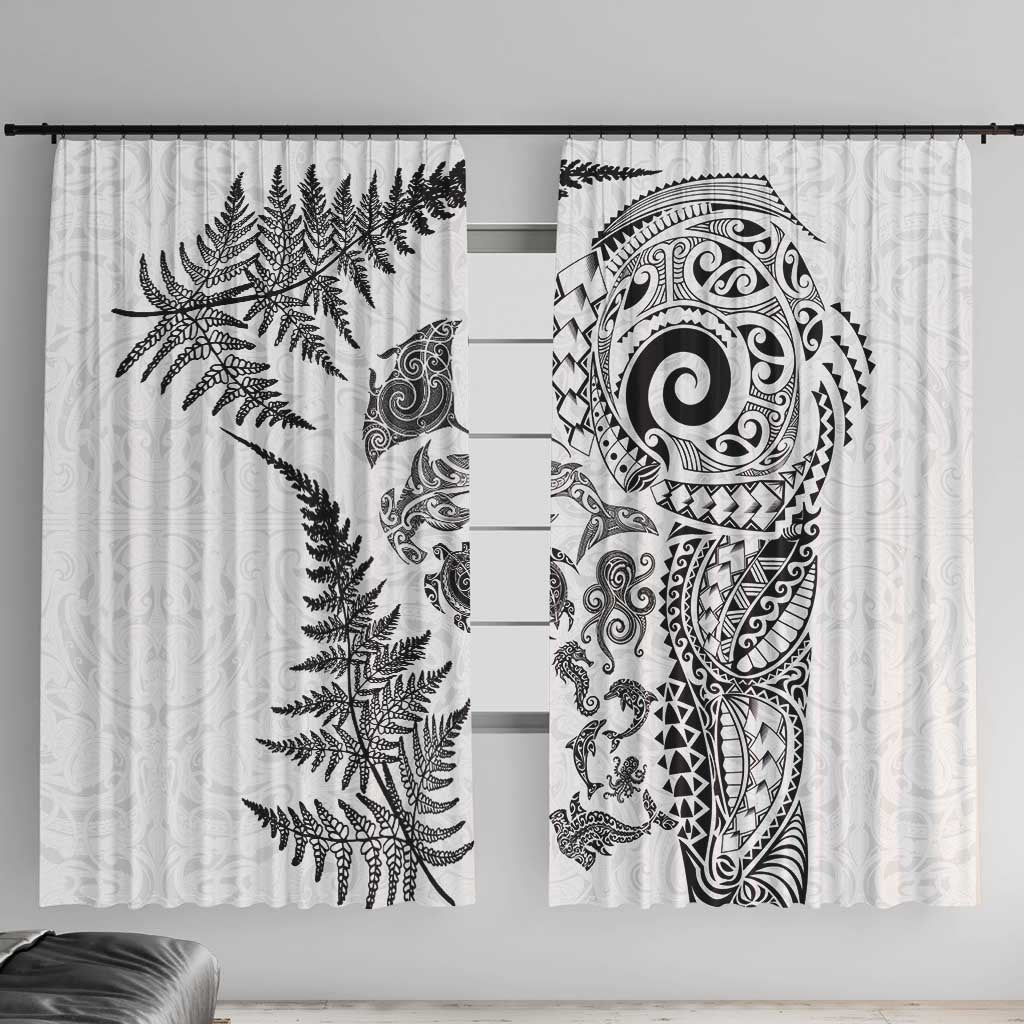 New Zealand Sea Animals Window Curtain with Maori Koru Tribal Tattoo and Silver Ferns White Color LT03 With Hooks White - Polynesian Pride