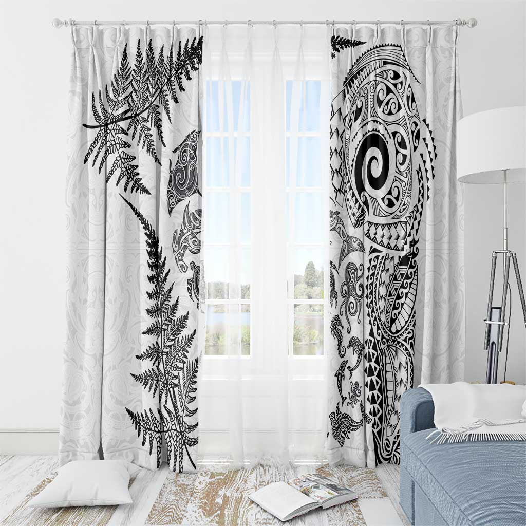 New Zealand Sea Animals Window Curtain with Maori Koru Tribal Tattoo and Silver Ferns White Color LT03 - Polynesian Pride