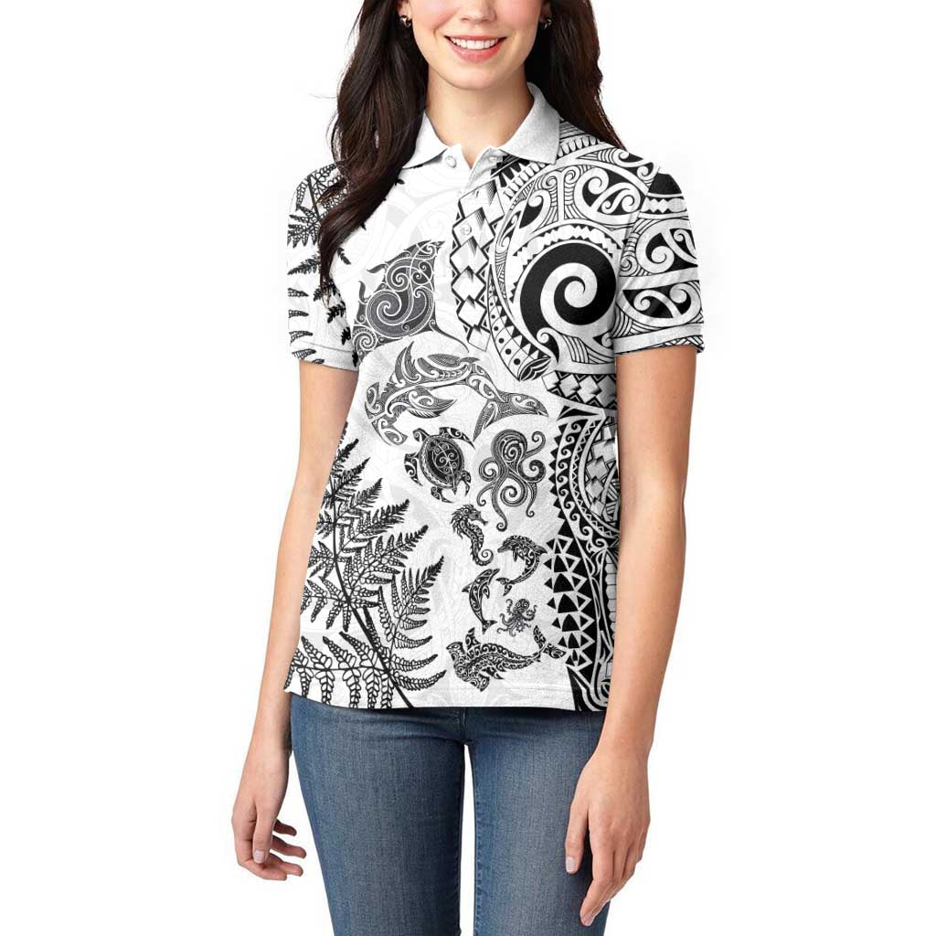 New Zealand Sea Animals Women Polo Shirt with Maori Koru Tribal Tattoo and Silver Ferns White Color LT03 - Polynesian Pride