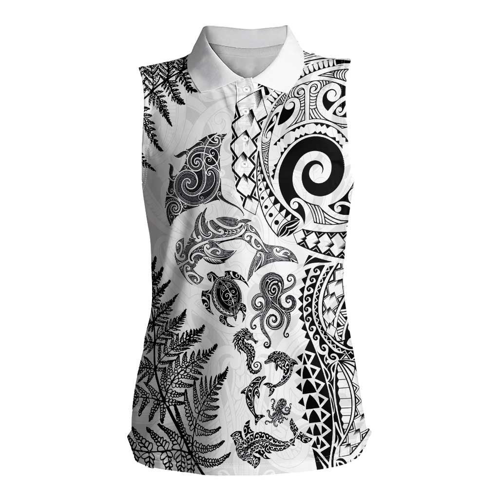 New Zealand Sea Animals Women Sleeveless Polo Shirt with Maori Koru Tribal Tattoo and Silver Ferns White Color LT03 Female White - Polynesian Pride