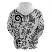 New Zealand Sea Animals Zip Hoodie with Maori Koru Tribal Tattoo and Silver Ferns White Color LT03 - Polynesian Pride