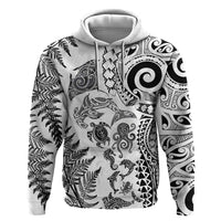 New Zealand Sea Animals Zip Hoodie with Maori Koru Tribal Tattoo and Silver Ferns White Color LT03 Pullover Hoodie White - Polynesian Pride