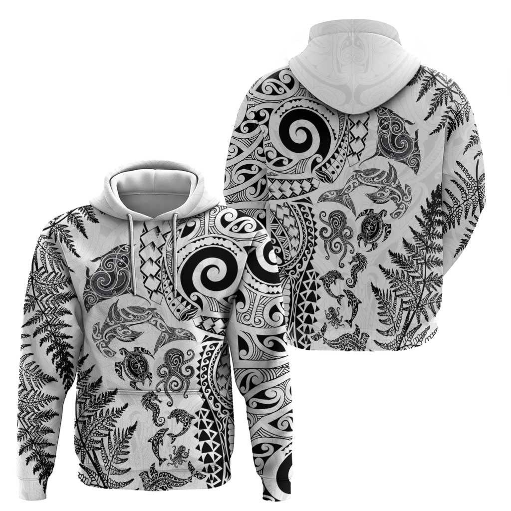 New Zealand Sea Animals Zip Hoodie with Maori Koru Tribal Tattoo and Silver Ferns White Color LT03 - Polynesian Pride
