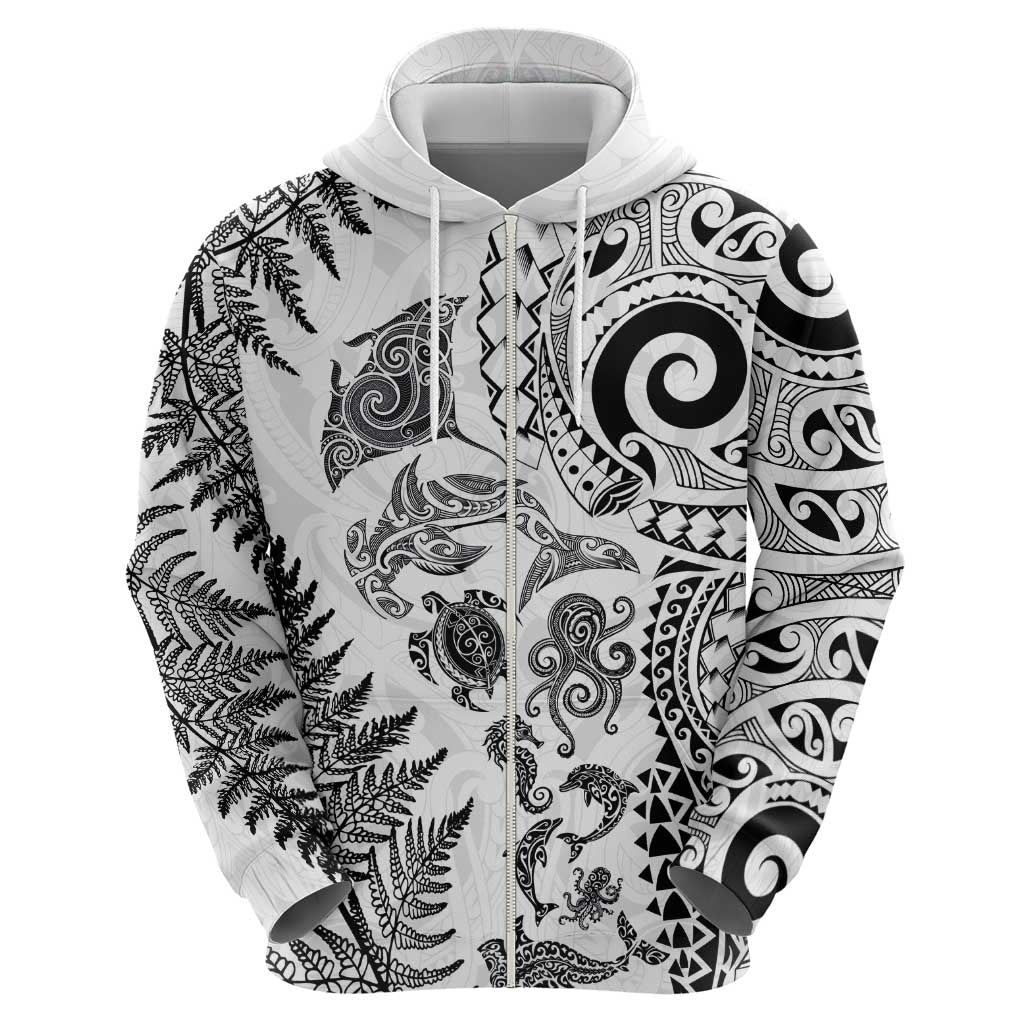 New Zealand Sea Animals Zip Hoodie with Maori Koru Tribal Tattoo and Silver Ferns White Color LT03 - Polynesian Pride