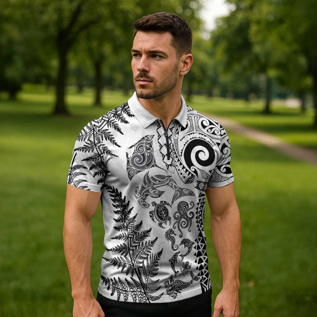 New Zealand Sea Animals Zipper Polo Shirt with Maori Koru Tribal Tattoo and Silver Ferns White Color LT03 - Polynesian Pride