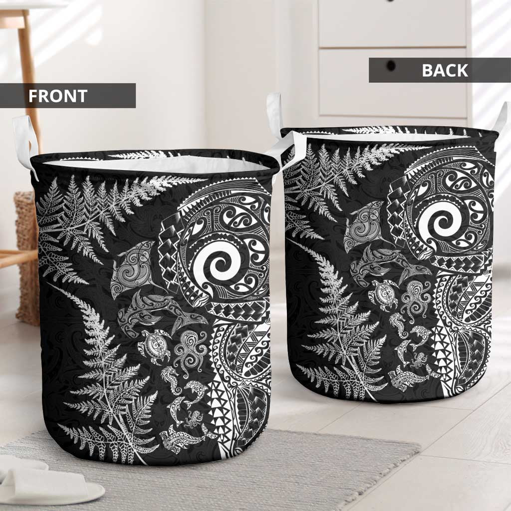 New Zealand Sea Animals Laundry Basket with Maori Koru Tribal Tattoo and Silver Ferns Black Color LT03 - Polynesian Pride