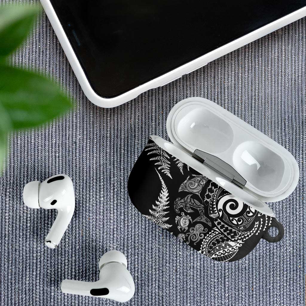 New Zealand Sea Animals AirPods Case with Maori Koru Tribal Tattoo and Silver Ferns Black Color LT03 - Polynesian Pride
