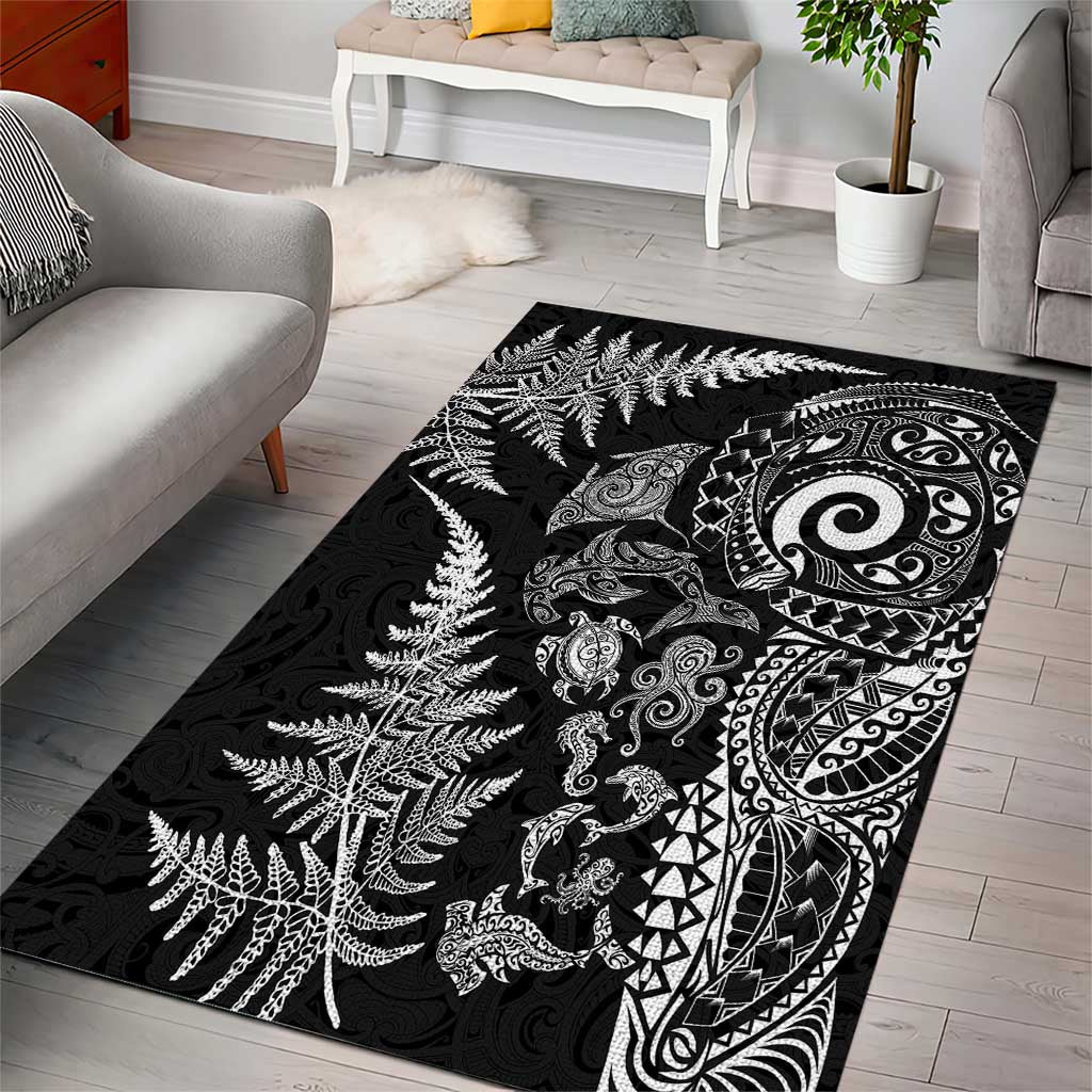 New Zealand Sea Animals Area Rug with Maori Koru Tribal Tattoo and Silver Ferns Black Color LT03 - Polynesian Pride