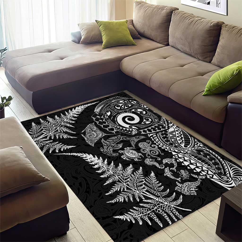 New Zealand Sea Animals Area Rug with Maori Koru Tribal Tattoo and Silver Ferns Black Color LT03 - Polynesian Pride