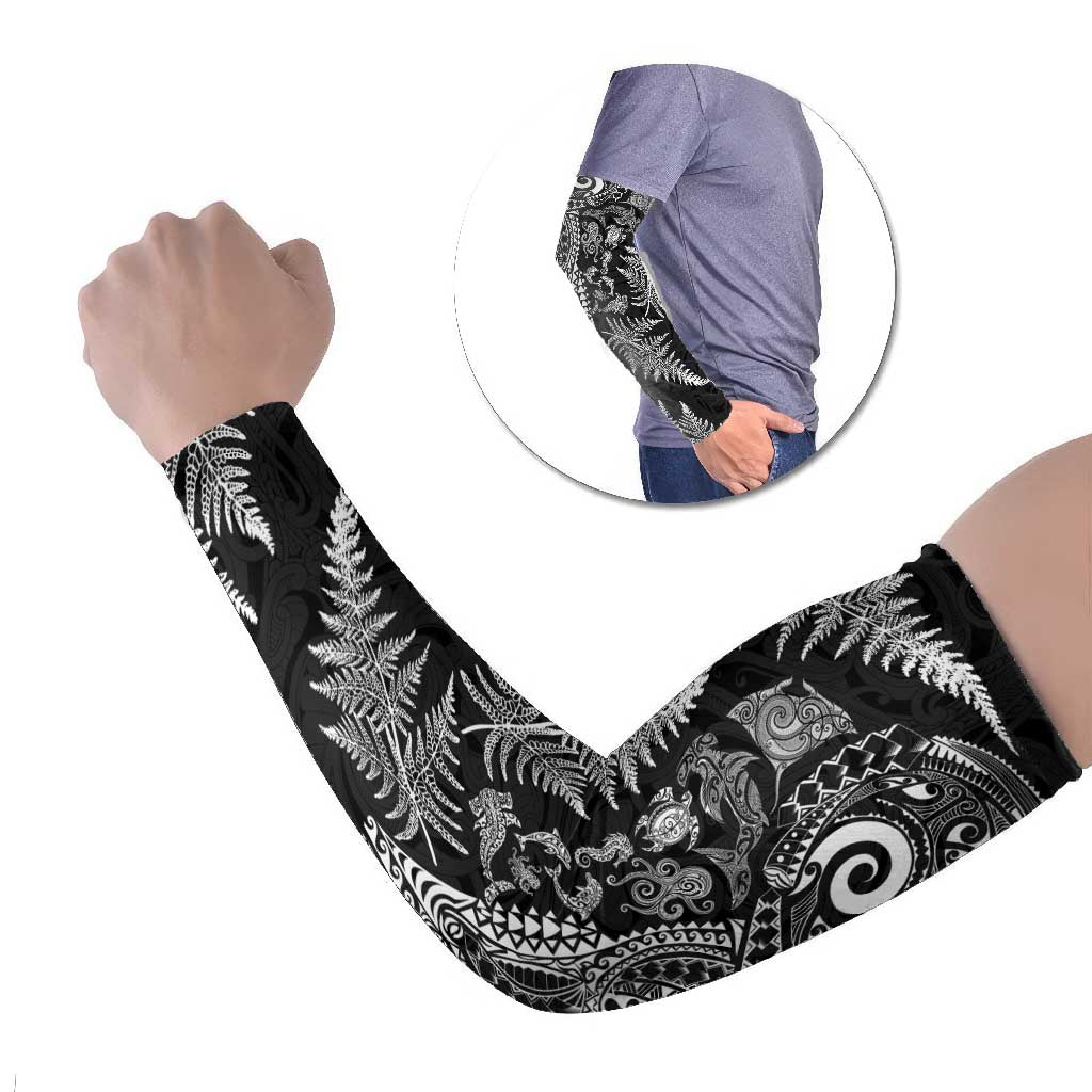New Zealand Sea Animals Arm Sleeves with Maori Koru Tribal Tattoo and Silver Ferns Black Color