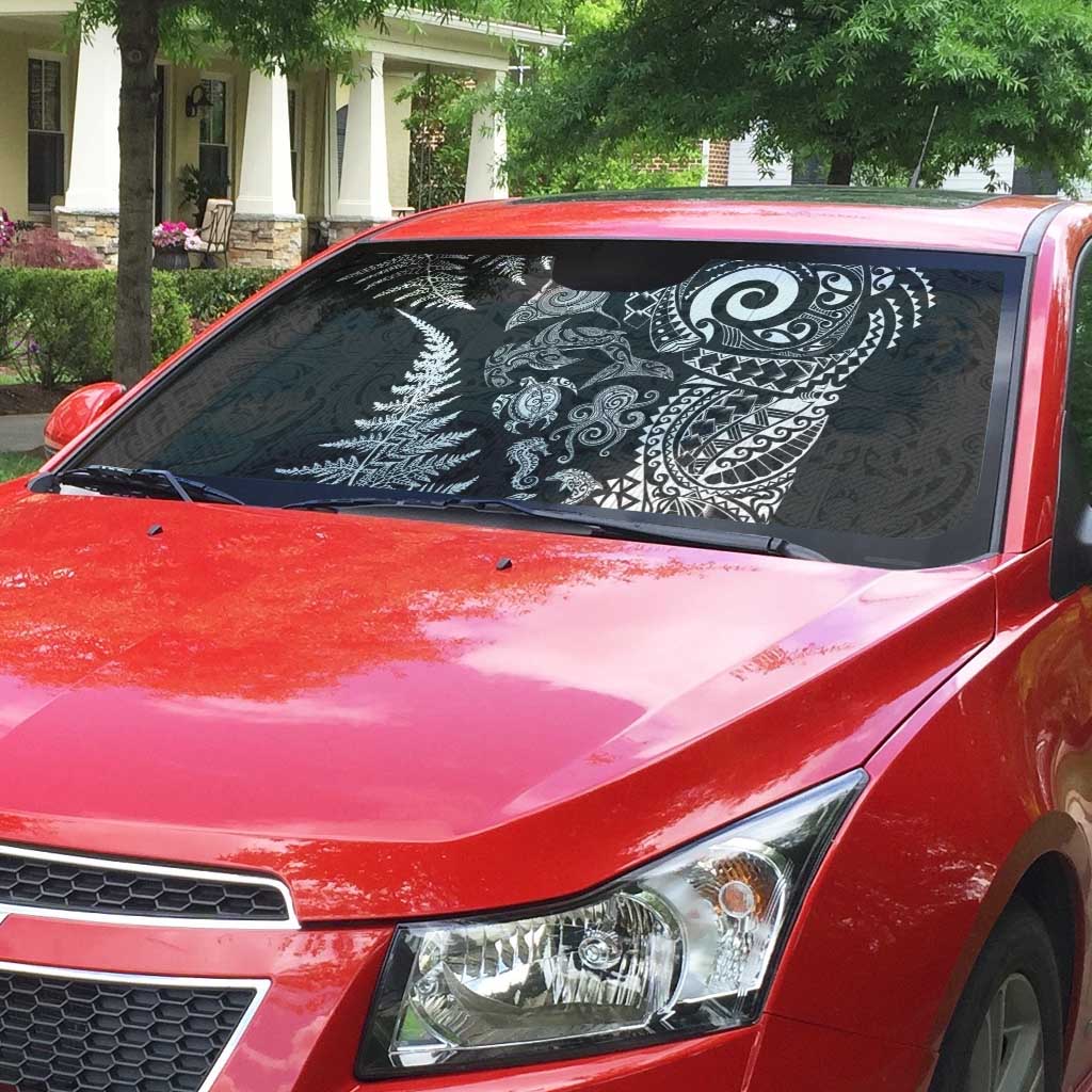 New Zealand Sea Animals Auto Sun Shade with Maori Koru Tribal Tattoo and Silver Ferns Black Color