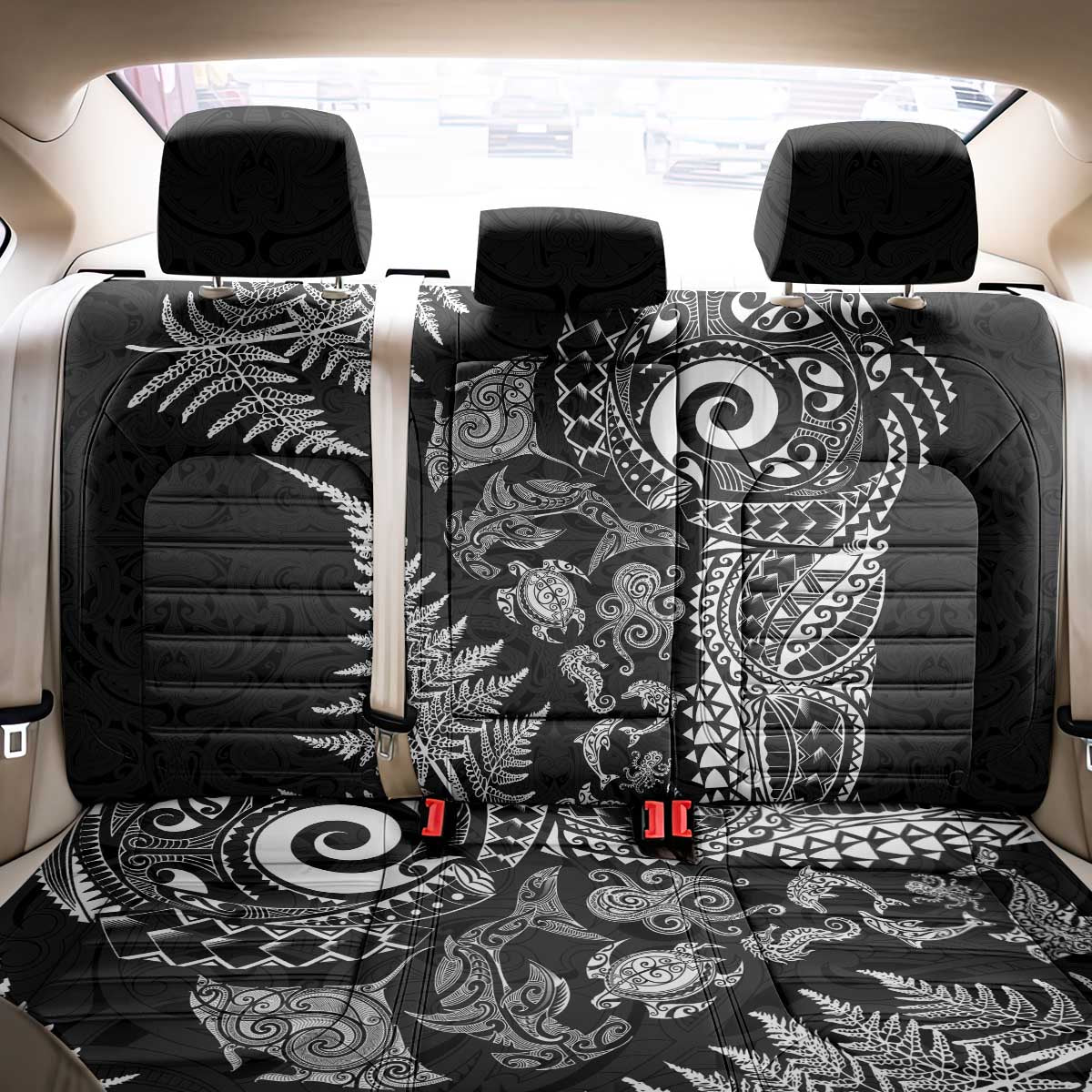 New Zealand Sea Animals Back Car Seat Cover with Maori Koru Tribal Tattoo and Silver Ferns Black Color LT03 - Polynesian Pride