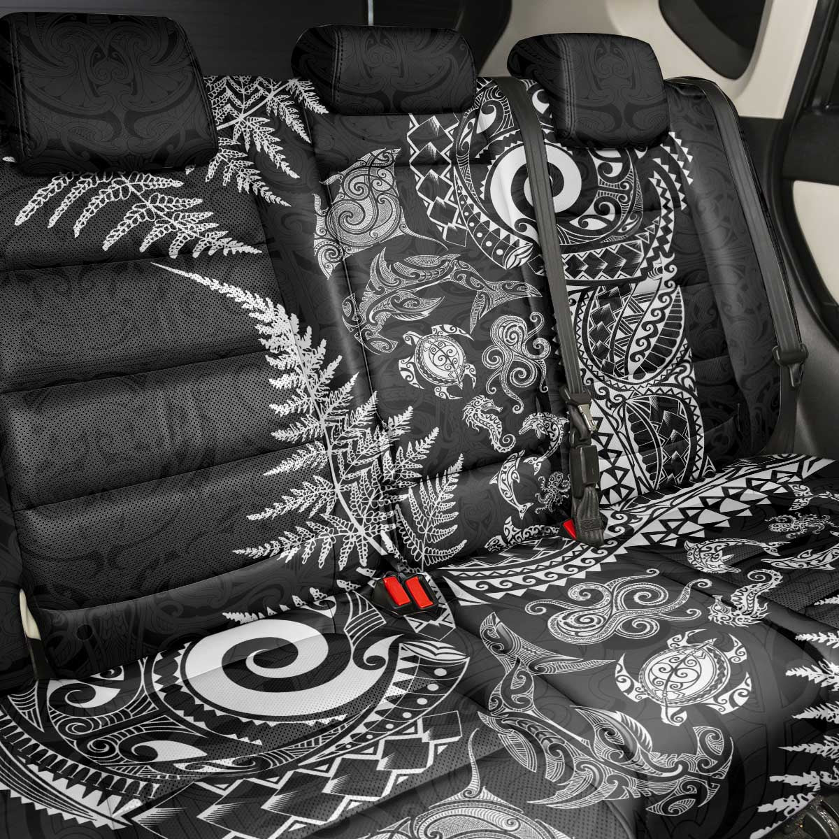 New Zealand Sea Animals Back Car Seat Cover with Maori Koru Tribal Tattoo and Silver Ferns Black Color LT03 - Polynesian Pride