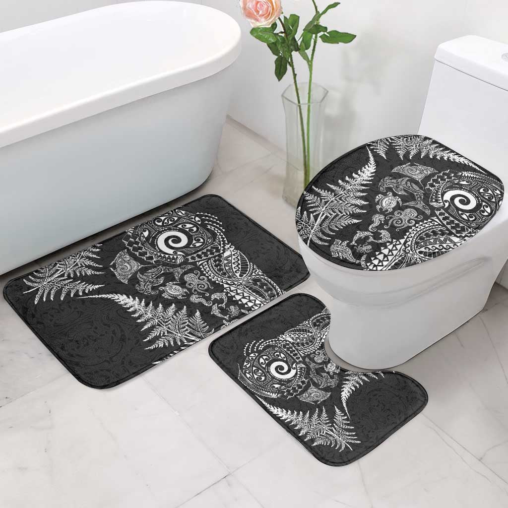 New Zealand Sea Animals Bathroom Set with Maori Koru Tribal Tattoo and Silver Ferns Black Color