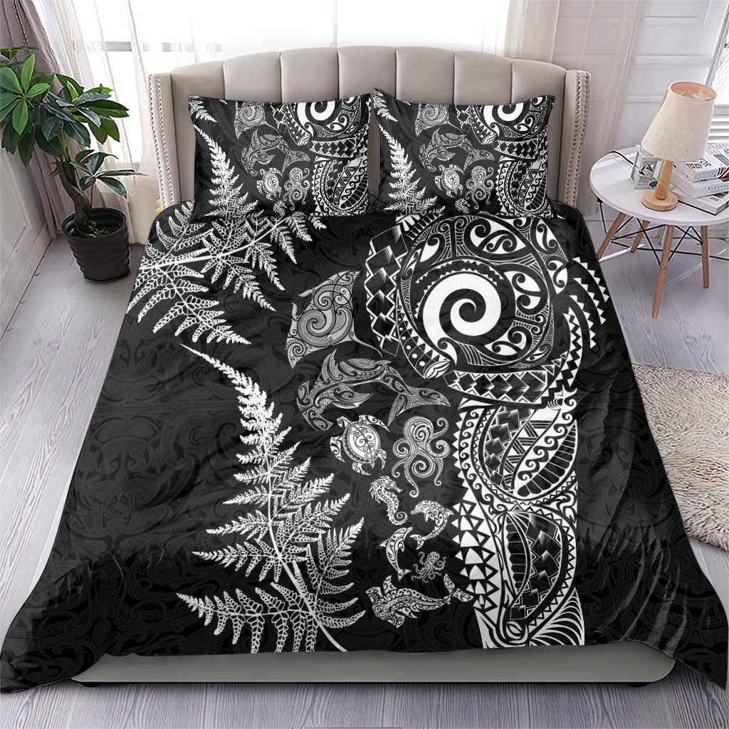 New Zealand Sea Animals Bedding Set with Maori Koru Tribal Tattoo and Silver Ferns Black Color LT03 - Polynesian Pride