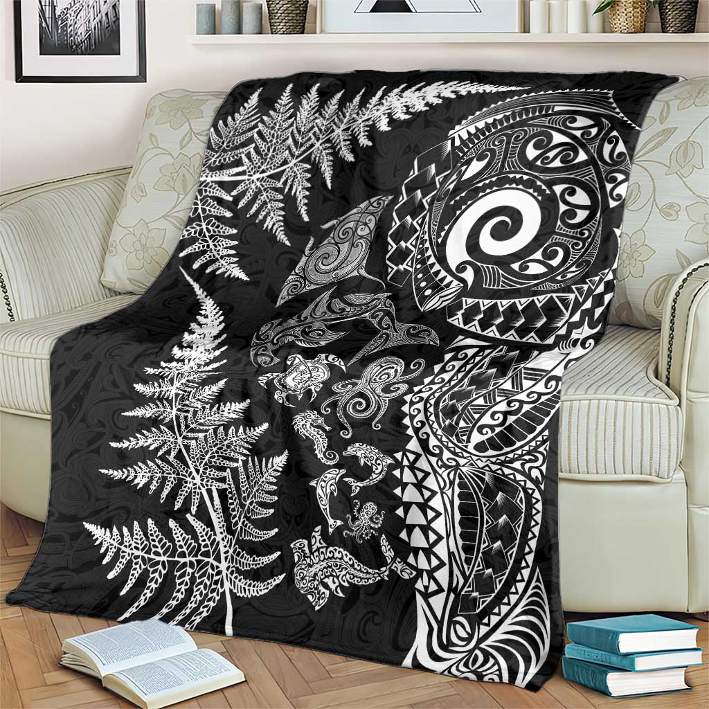 New Zealand Sea Animals Blanket with Maori Koru Tribal Tattoo and Silver Ferns Black Color LT03 - Polynesian Pride