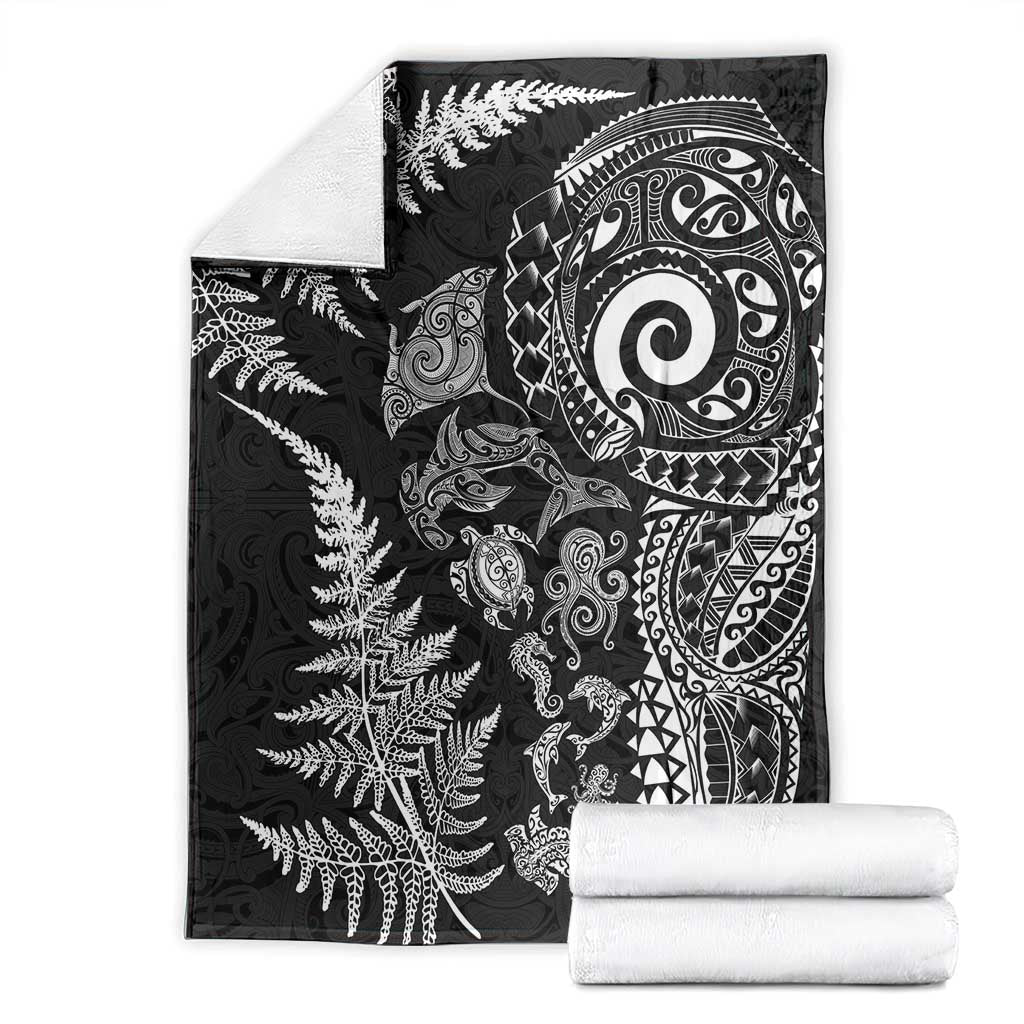 New Zealand Sea Animals Blanket with Maori Koru Tribal Tattoo and Silver Ferns Black Color LT03 - Polynesian Pride
