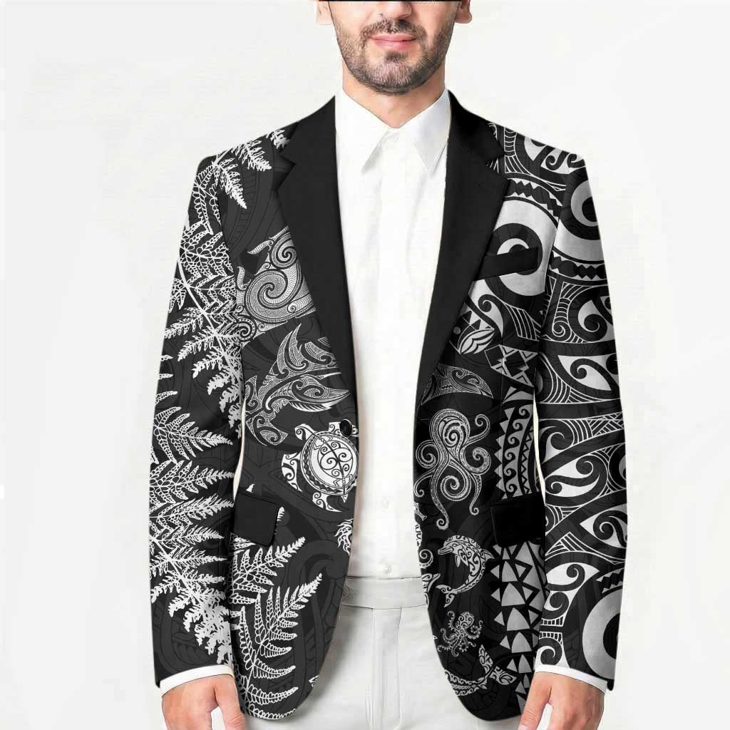 New Zealand Sea Animals Blazer with Maori Koru Tribal Tattoo and Silver Ferns Black Color LT03 - Polynesian Pride