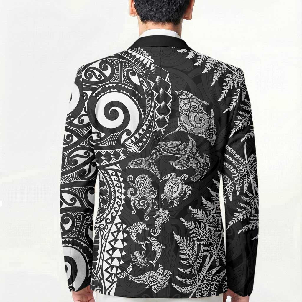 New Zealand Sea Animals Blazer with Maori Koru Tribal Tattoo and Silver Ferns Black Color LT03 - Polynesian Pride