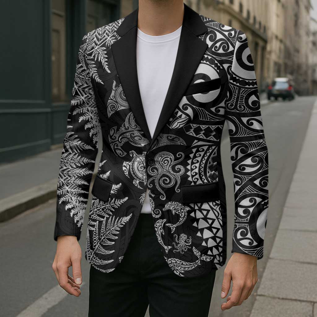 New Zealand Sea Animals Blazer with Maori Koru Tribal Tattoo and Silver Ferns Black Color LT03 - Polynesian Pride