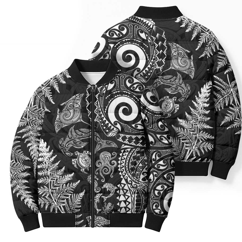New Zealand Sea Animals Bomber Puffer Jacket with Maori Koru Tribal Tattoo and Silver Ferns Black Color LT03 - Polynesian Pride