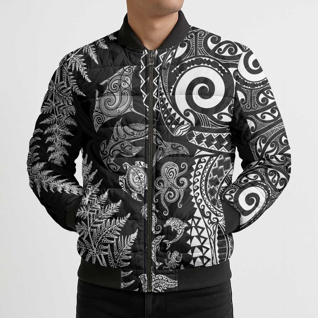 New Zealand Sea Animals Bomber Puffer Jacket with Maori Koru Tribal Tattoo and Silver Ferns Black Color LT03 - Polynesian Pride