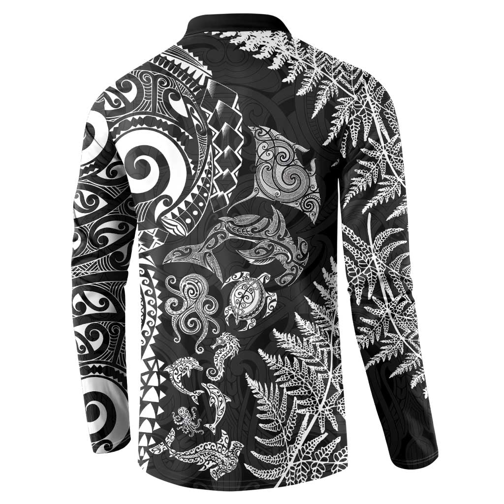 New Zealand Sea Animals Button Sweatshirt with Maori Koru Tribal Tattoo and Silver Ferns Black Color LT03 - Polynesian Pride