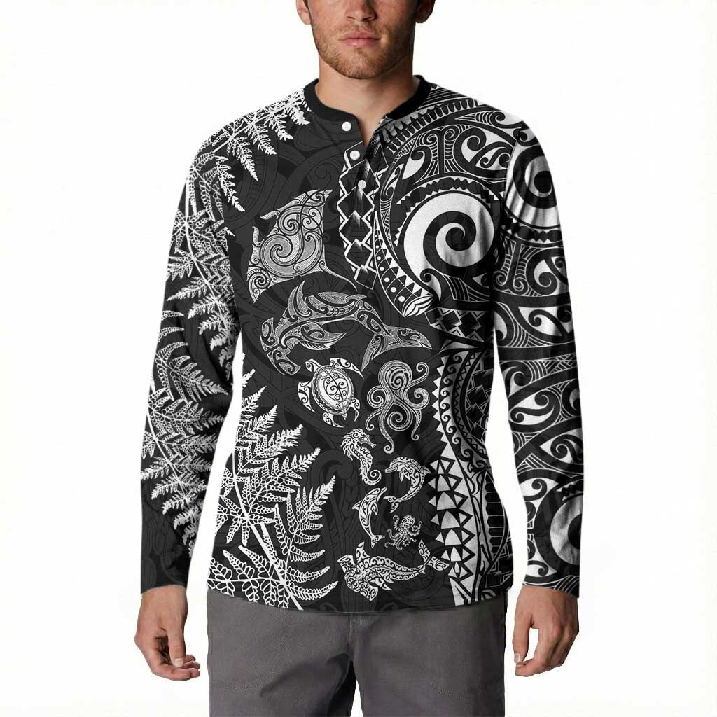 New Zealand Sea Animals Button Sweatshirt with Maori Koru Tribal Tattoo and Silver Ferns Black Color LT03 - Polynesian Pride