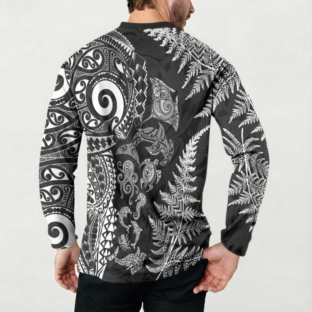 New Zealand Sea Animals Button Sweatshirt with Maori Koru Tribal Tattoo and Silver Ferns Black Color LT03 - Polynesian Pride