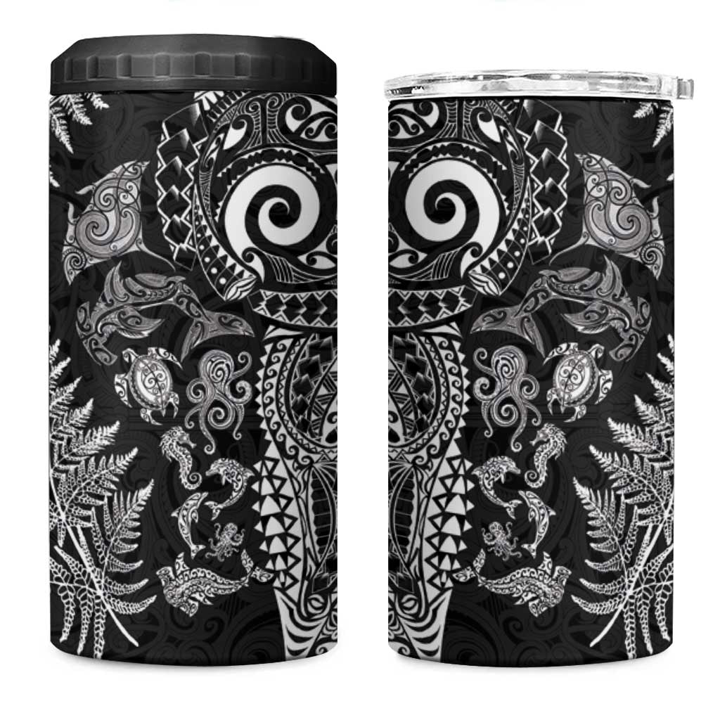 New Zealand Sea Animals 4 in 1 Can Cooler Tumbler with Maori Koru Tribal Tattoo and Silver Ferns Black Color LT03 One Size: 16 oz Black - Polynesian Pride