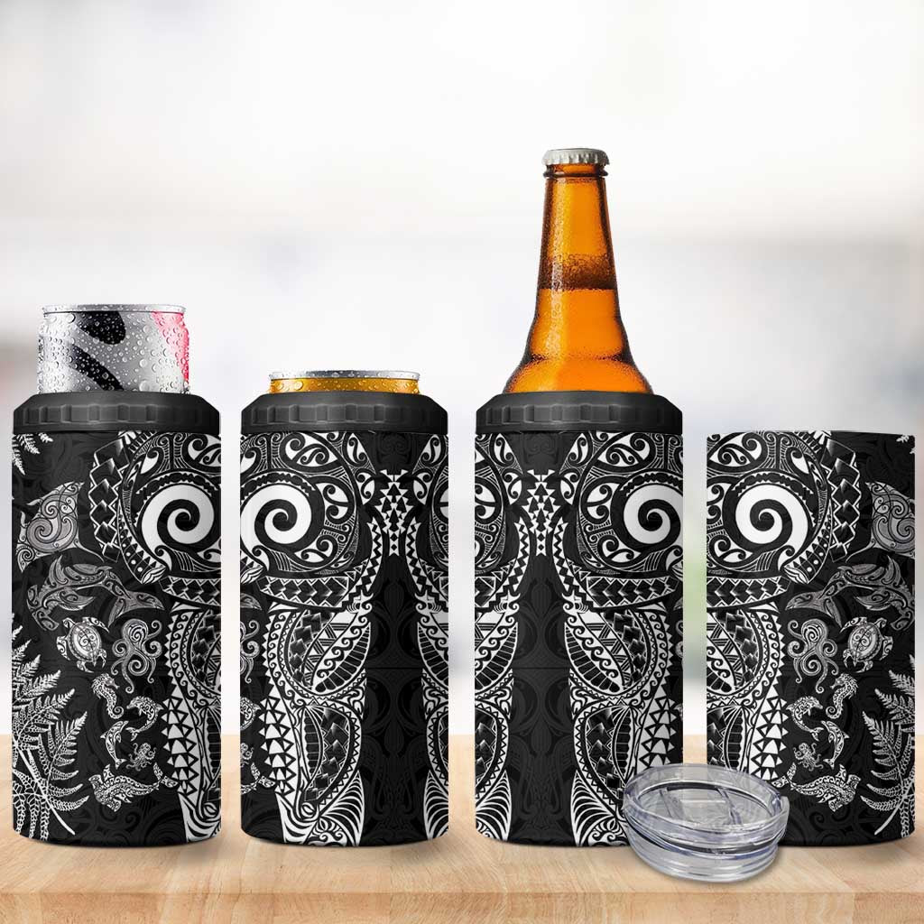 New Zealand Sea Animals 4 in 1 Can Cooler Tumbler with Maori Koru Tribal Tattoo and Silver Ferns Black Color LT03 - Polynesian Pride