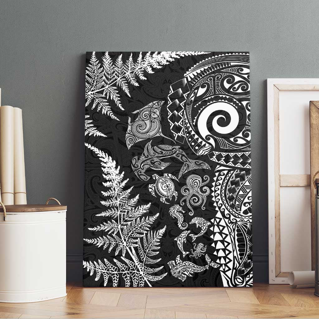 New Zealand Sea Animals Canvas Wall Art with Maori Koru Tribal Tattoo and Silver Ferns Black Color LT03 - Polynesian Pride
