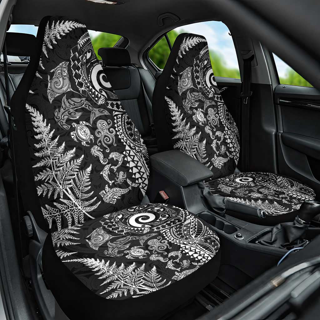 New Zealand Sea Animals Car Seat Cover with Maori Koru Tribal Tattoo and Silver Ferns Black Color