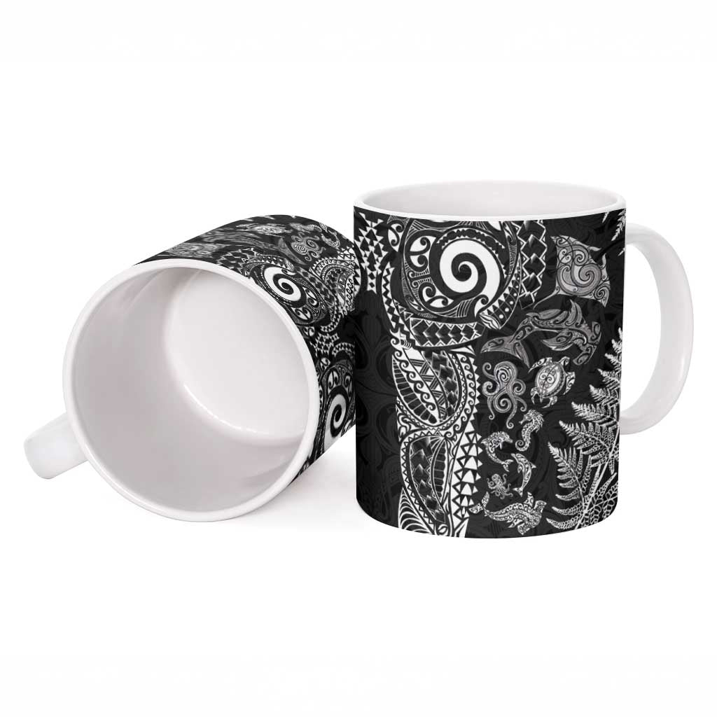 New Zealand Sea Animals Ceramic Mug with Maori Koru Tribal Tattoo and Silver Ferns Black Color LT03 - Polynesian Pride