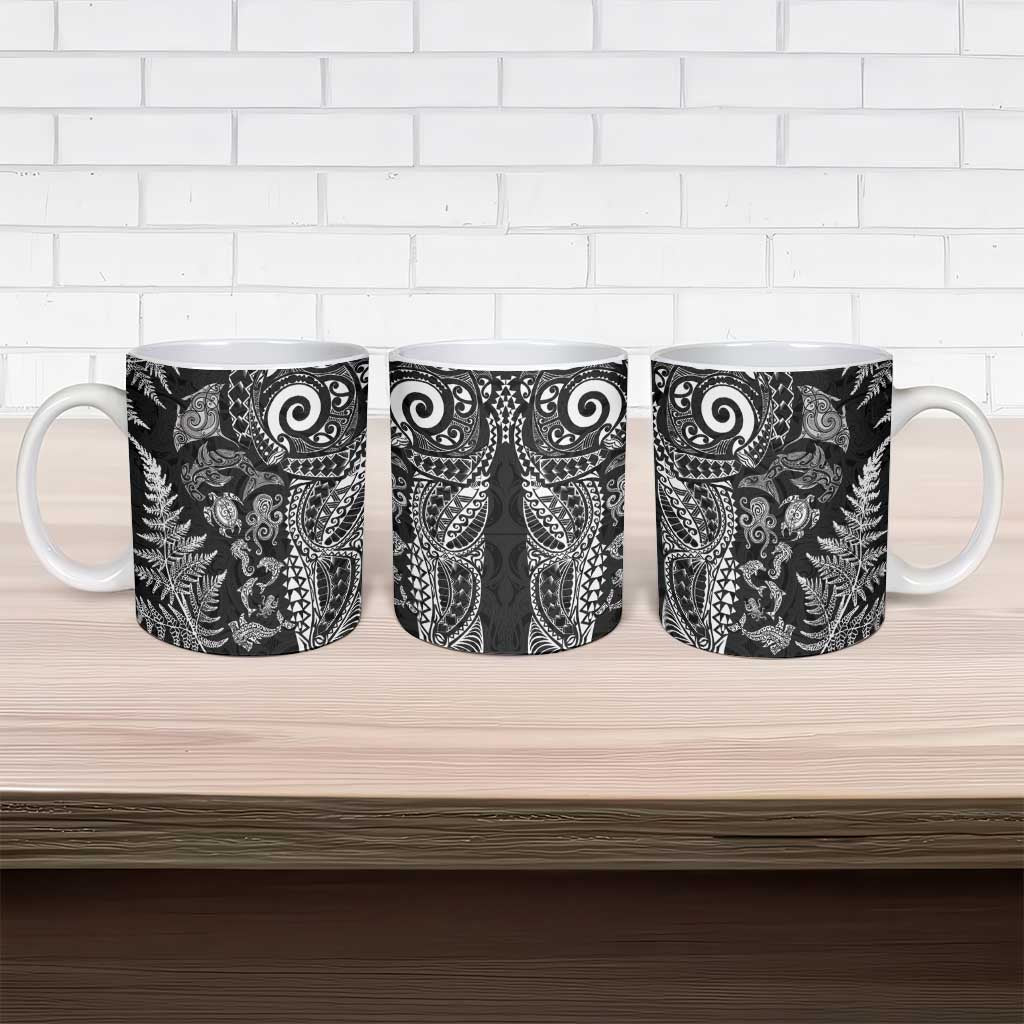 New Zealand Sea Animals Ceramic Mug with Maori Koru Tribal Tattoo and Silver Ferns Black Color LT03 - Polynesian Pride