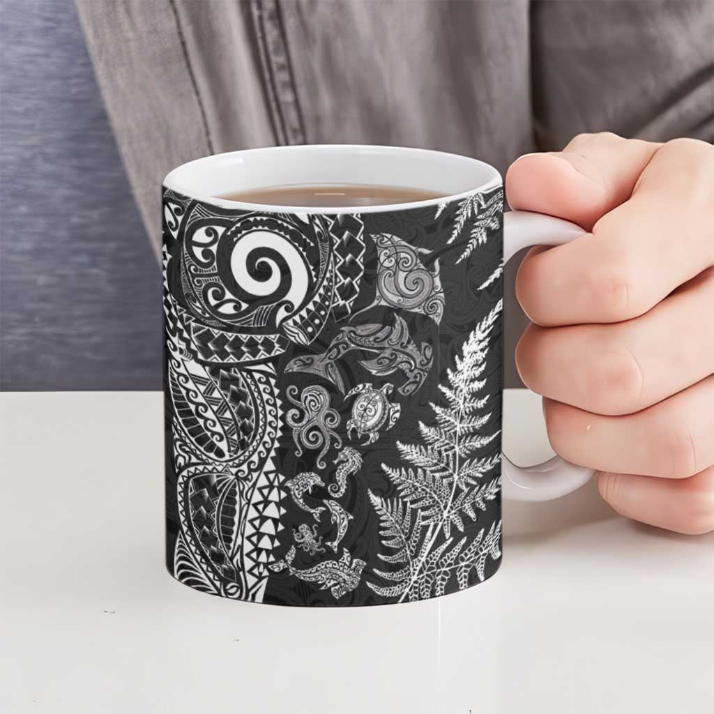 New Zealand Sea Animals Ceramic Mug with Maori Koru Tribal Tattoo and Silver Ferns Black Color LT03 - Polynesian Pride