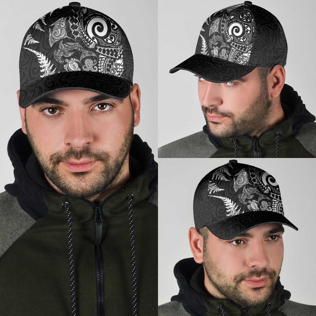 New Zealand Sea Animals Classic Cap with Maori Koru Tribal Tattoo and Silver Ferns Black Color LT03 - Polynesian Pride