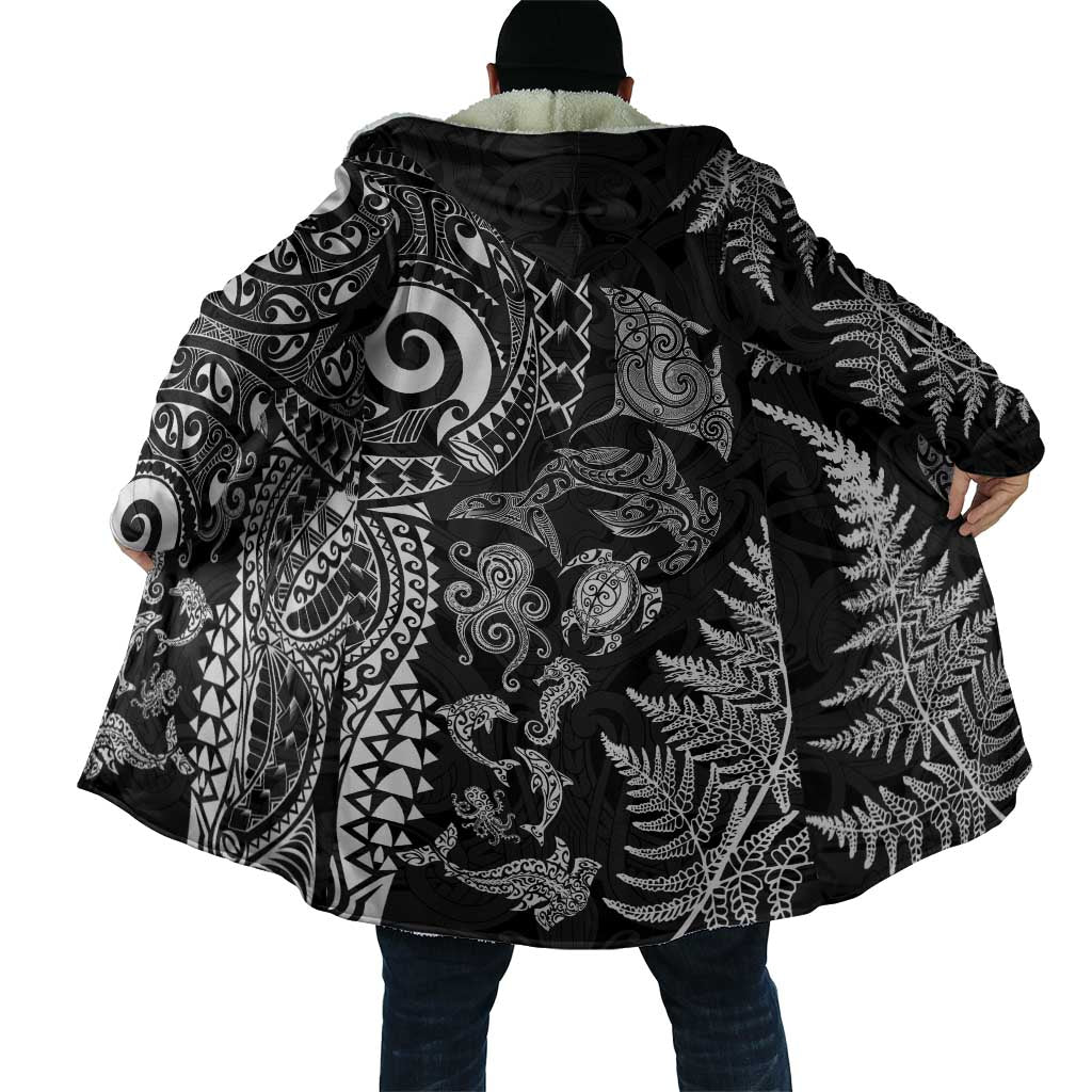New Zealand Sea Animals Cloak with Maori Koru Tribal Tattoo and Silver Ferns Black Color LT03 - Polynesian Pride