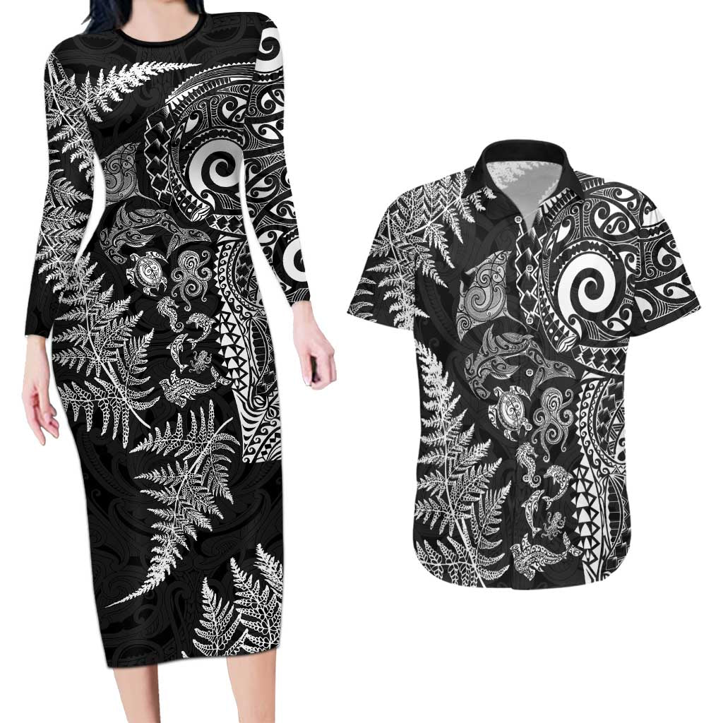 New Zealand Sea Animals Couples Matching Long Sleeve Bodycon Dress and Hawaiian Shirt with Maori Koru Tribal Tattoo and Silver Ferns Black Color LT03 Black - Polynesian Pride