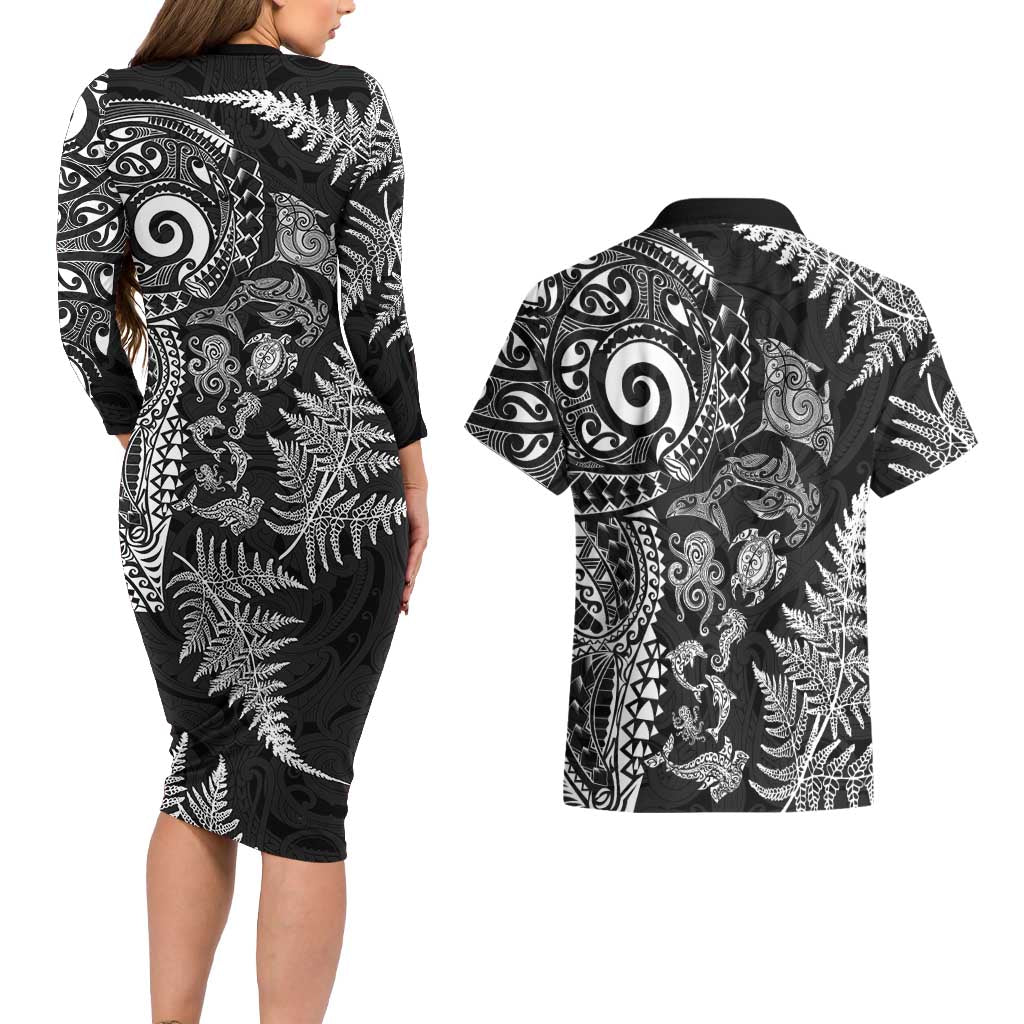 New Zealand Sea Animals Couples Matching Long Sleeve Bodycon Dress and Hawaiian Shirt with Maori Koru Tribal Tattoo and Silver Ferns Black Color LT03 - Polynesian Pride