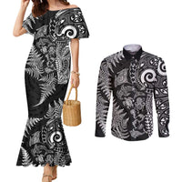 New Zealand Sea Animals Couples Matching Mermaid Dress and Long Sleeve Button Shirt with Maori Koru Tribal Tattoo and Silver Ferns Black Color LT03 Black - Polynesian Pride