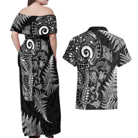New Zealand Sea Animals Couples Matching Off Shoulder Maxi Dress and Hawaiian Shirt with Maori Koru Tribal Tattoo and Silver Ferns Black Color LT03 - Polynesian Pride