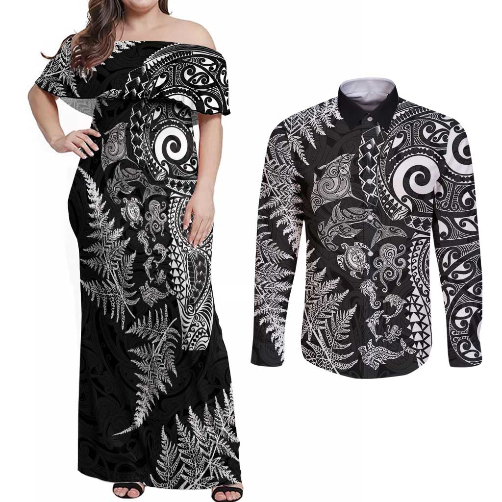 New Zealand Sea Animals Couples Matching Off Shoulder Maxi Dress and Long Sleeve Button Shirt with Maori Koru Tribal Tattoo and Silver Ferns Black Color