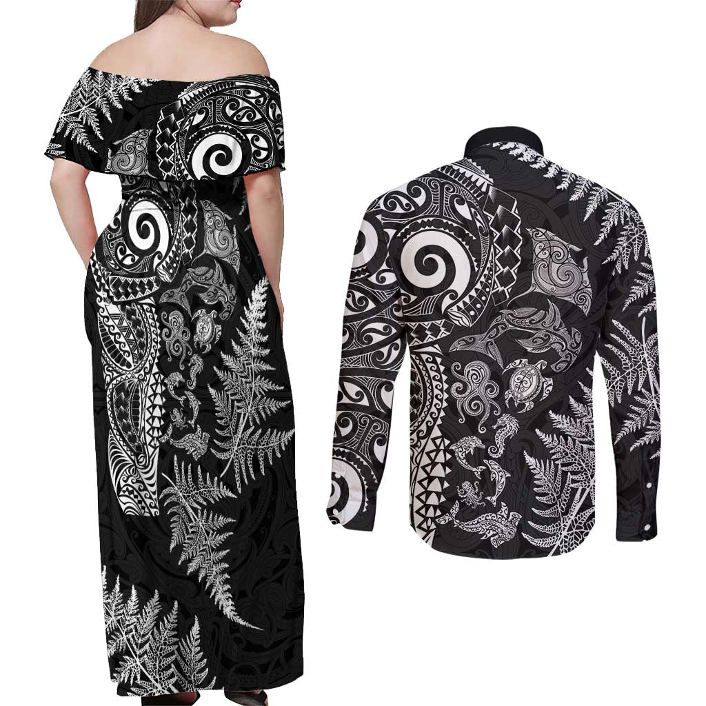 New Zealand Sea Animals Couples Matching Off Shoulder Maxi Dress and Long Sleeve Button Shirt with Maori Koru Tribal Tattoo and Silver Ferns Black Color LT03 - Polynesian Pride