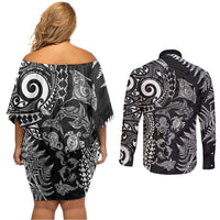 New Zealand Sea Animals Couples Matching Off Shoulder Short Dress and Long Sleeve Button Shirt with Maori Koru Tribal Tattoo and Silver Ferns Black Color LT03 - Polynesian Pride