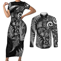 New Zealand Sea Animals Couples Matching Short Sleeve Bodycon Dress and Long Sleeve Button Shirt with Maori Koru Tribal Tattoo and Silver Ferns Black Color LT03 Black - Polynesian Pride