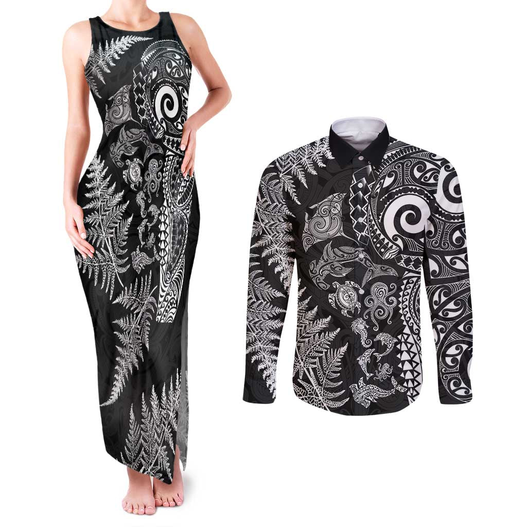New Zealand Sea Animals Couples Matching Tank Maxi Dress and Long Sleeve Button Shirt with Maori Koru Tribal Tattoo and Silver Ferns Black Color