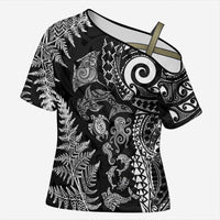 New Zealand Sea Animals Cross Shoulder Shirt with Maori Koru Tribal Tattoo and Silver Ferns Black Color LT03 Female Black - Polynesian Pride
